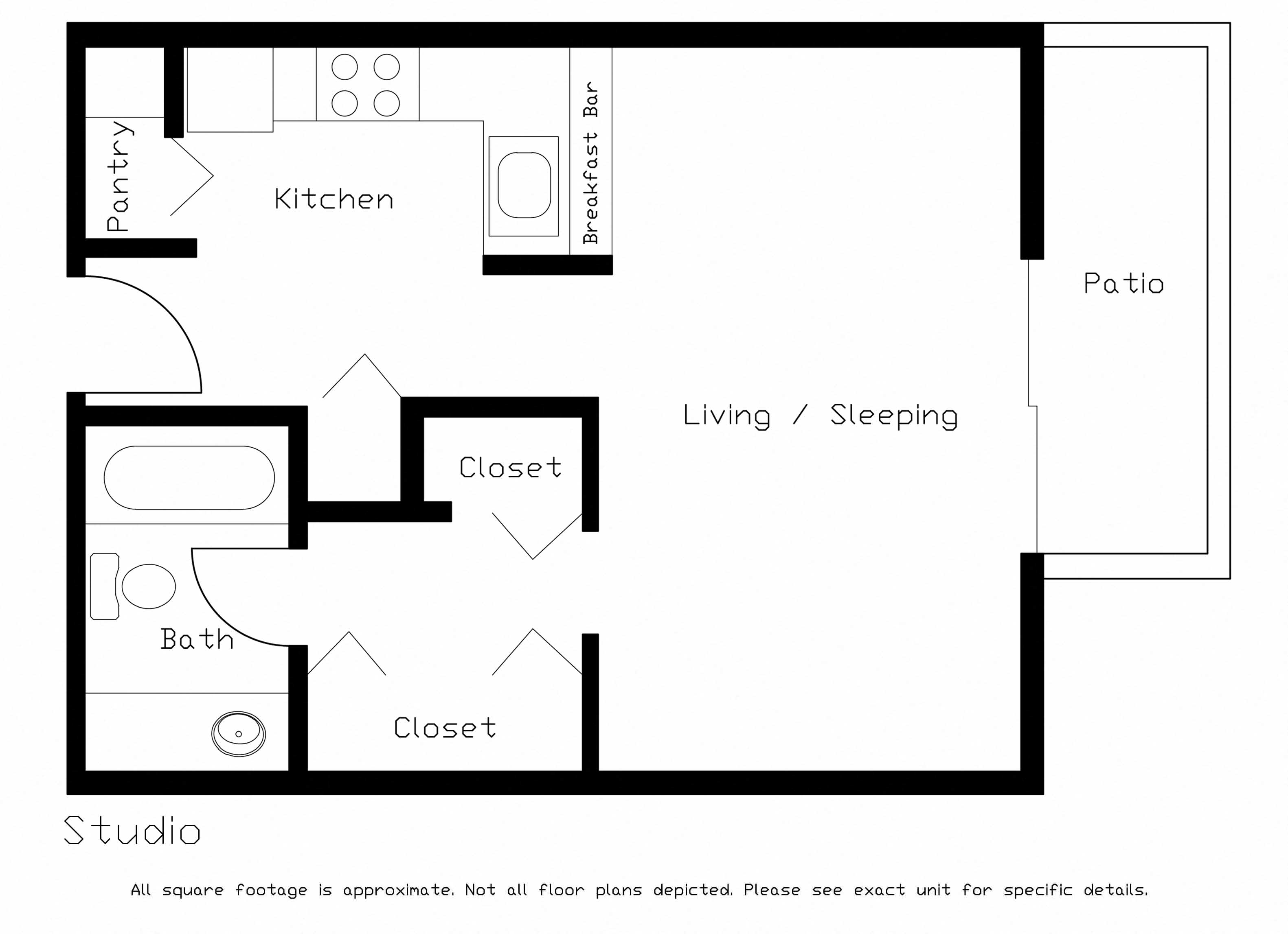 Floor plan for studio, 1 bath, 430 sqft
